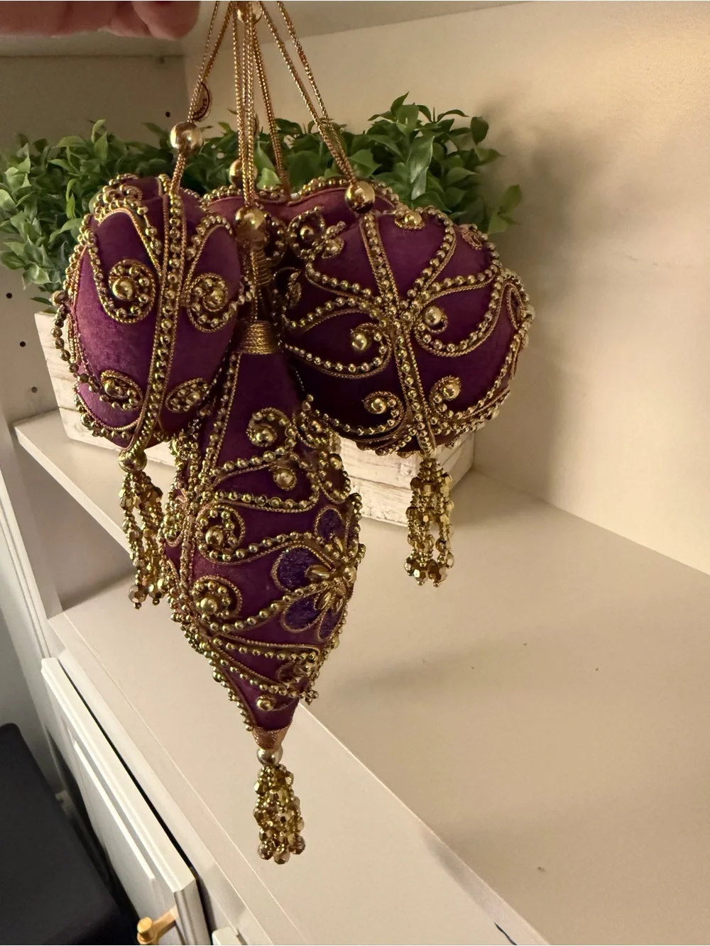 Jeweled Purple/Gold Velvet Beaded Christmas Ornaments Tassel Victorian Holiday